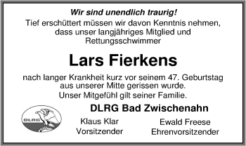Traueranzeige von Lars Fierkens von Nordwest-Zeitung