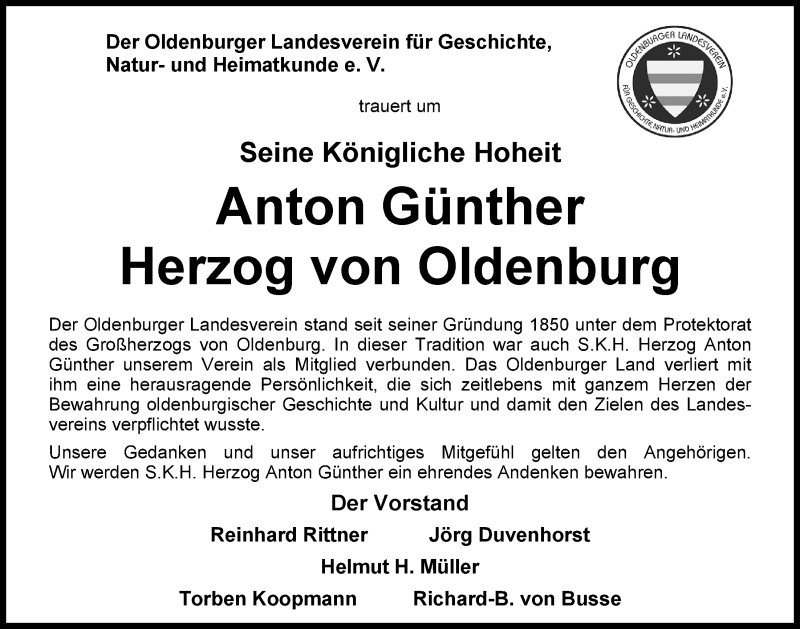  Traueranzeige für Anton Günther  Herzog von Oldenburg vom 26.09.2014 aus Nordwest-Zeitung