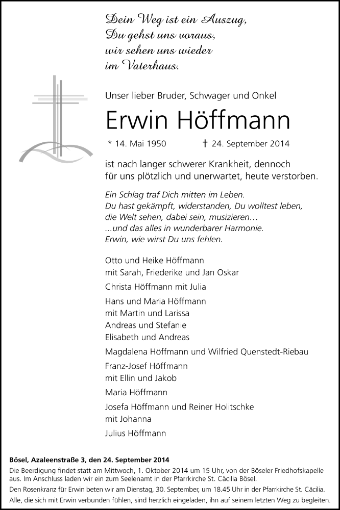  Traueranzeige für Erwin Höffmann vom 26.09.2014 aus Nordwest-Zeitung