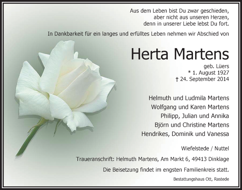  Traueranzeige für Herta Martens vom 27.09.2014 aus Nordwest-Zeitung