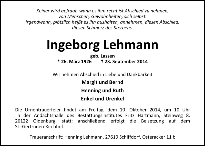  Traueranzeige für Ingeborg Lehmann vom 27.09.2014 aus Nordwest-Zeitung
