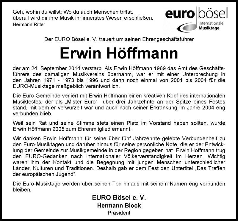  Traueranzeige für Erwin Höffmann vom 27.09.2014 aus Nordwest-Zeitung