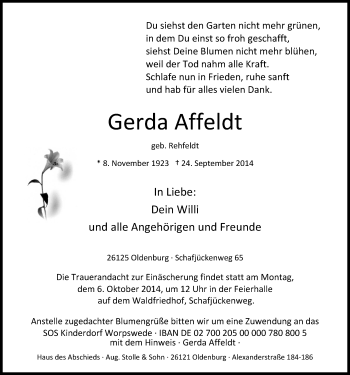 Traueranzeige von Gerda Affeldt von Nordwest-Zeitung