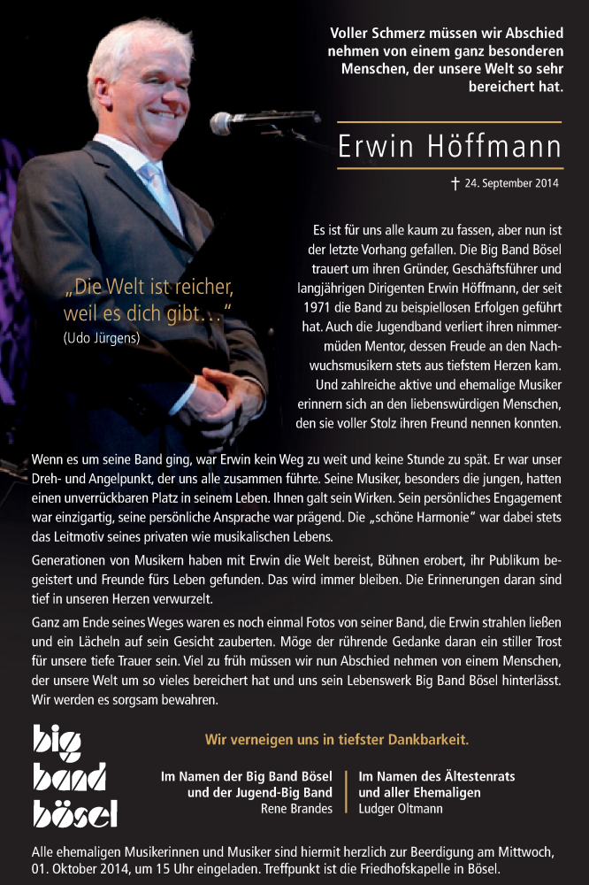  Traueranzeige für Erwin Höffmann vom 27.09.2014 aus Nordwest-Zeitung
