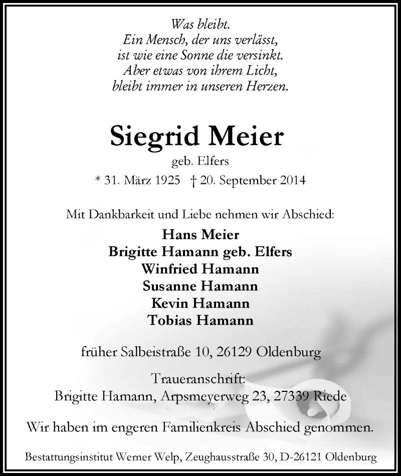  Traueranzeige für Siegrid Meier vom 27.09.2014 aus Nordwest-Zeitung