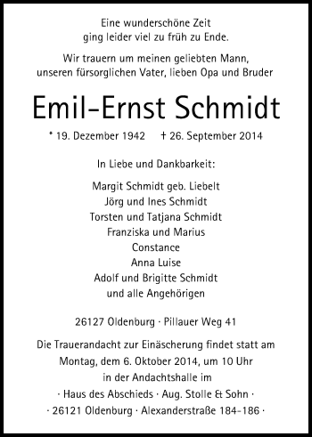 Traueranzeige von Emil-Ernst Schmidt von Nordwest-Zeitung