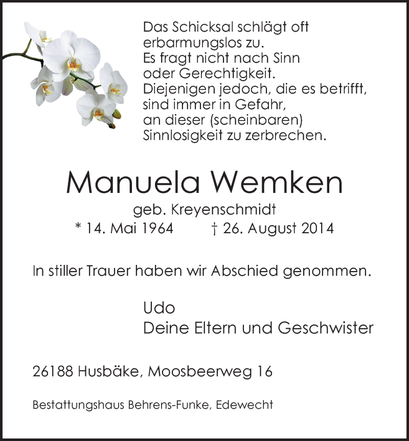  Traueranzeige für Manuela Wemken vom 30.09.2014 aus Nordwest-Zeitung