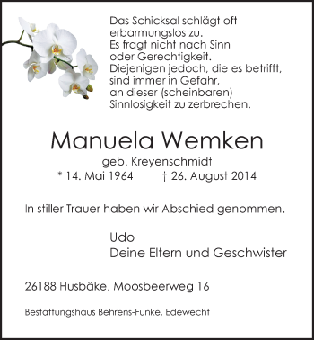 Traueranzeige von Manuela Wemken von Nordwest-Zeitung