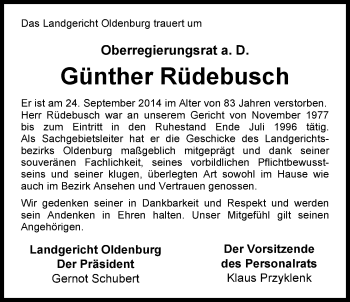 Traueranzeige von Günther Rüdebusch von Nordwest-Zeitung