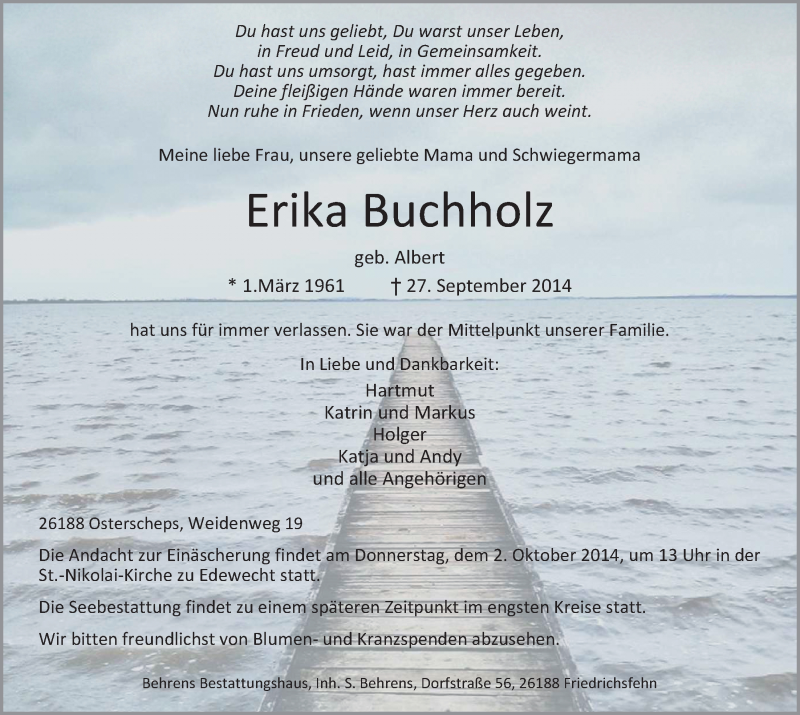  Traueranzeige für Erika Buchholz vom 30.09.2014 aus Nordwest-Zeitung