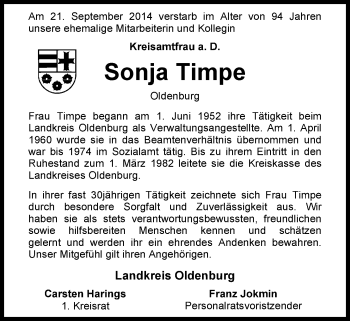 Traueranzeige von Sonja Timpe von Nordwest-Zeitung