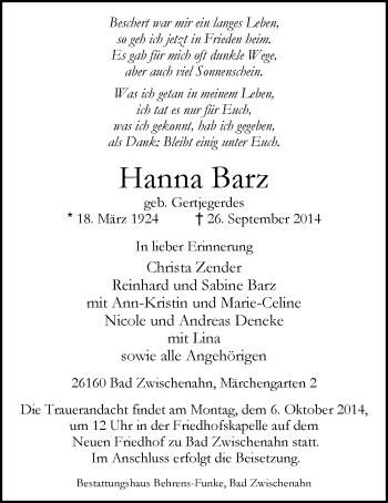 Traueranzeige von Hanna Barz von Nordwest-Zeitung