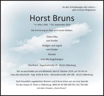 Traueranzeige von Horst Bruns von Nordwest-Zeitung