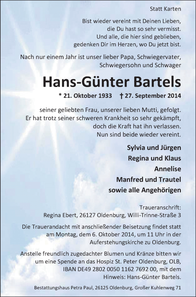  Traueranzeige für Hans-Günter Bartels vom 01.10.2014 aus Nordwest-Zeitung