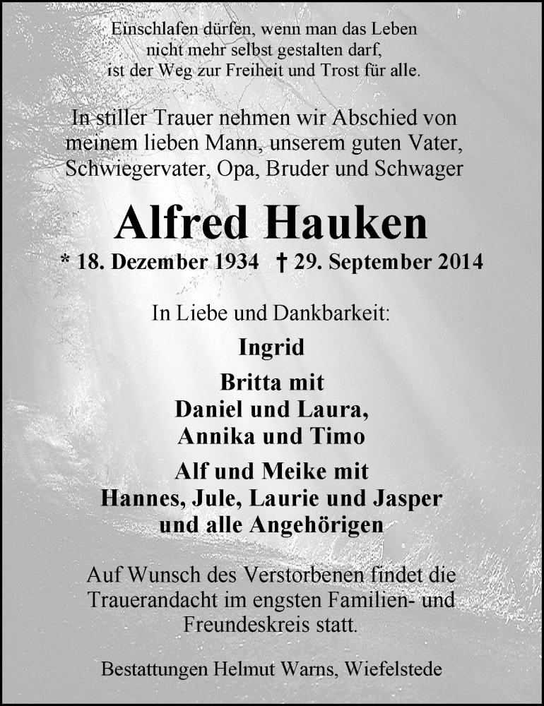 Traueranzeige für Alfred Hauken vom 01.10.2014 aus Nordwest-Zeitung