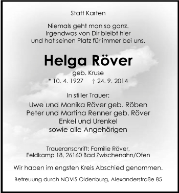 Traueranzeige von Helga Röver von Nordwest-Zeitung
