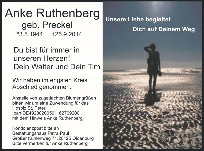  Traueranzeige für Anke Ruthenberg vom 04.10.2014 aus Nordwest-Zeitung