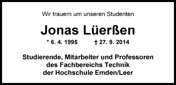 Traueranzeige von Jonas Gerd Lüerßen von Nordwest-Zeitung