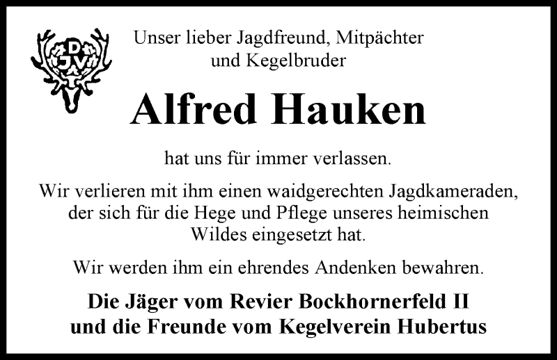  Traueranzeige für Alfred Hauken vom 01.10.2014 aus Nordwest-Zeitung