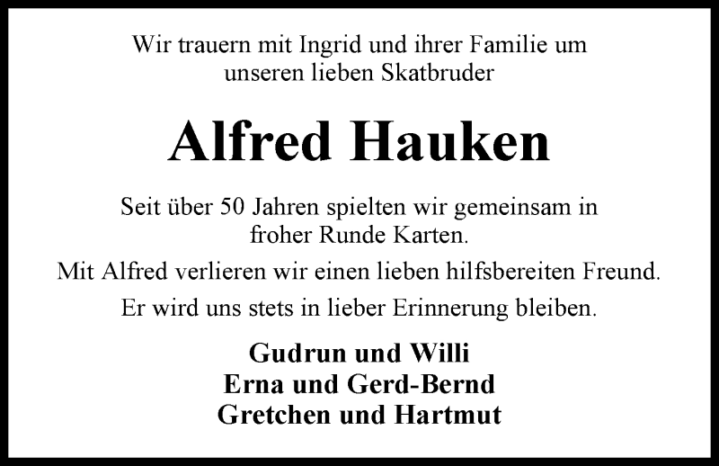  Traueranzeige für Alfred Hauken vom 01.10.2014 aus Nordwest-Zeitung