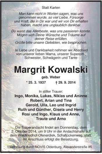 Traueranzeige von Margrit Kowalski von Nordwest-Zeitung