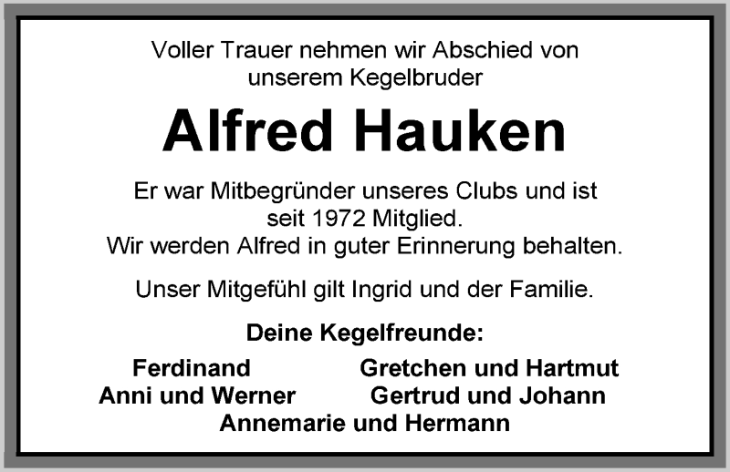  Traueranzeige für Alfred Hauken vom 01.10.2014 aus Nordwest-Zeitung