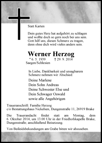 Traueranzeige von Werner Herzog von Nordwest-Zeitung