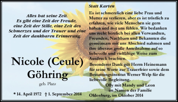 Traueranzeige von Nicole Göhring von Nordwest-Zeitung