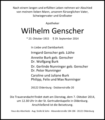 Traueranzeige von Wilhelm Genscher von Nordwest-Zeitung