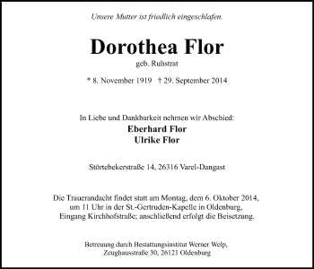 Traueranzeige von Dorothea Flor von Nordwest-Zeitung