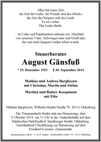 Traueranzeige von August Gänsfuß von Nordwest-Zeitung