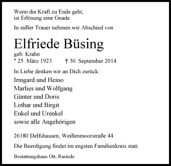 Traueranzeige von Elfriede Büsing von Nordwest-Zeitung