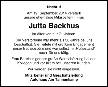 Traueranzeige von Jutta Backhus von Nordwest-Zeitung