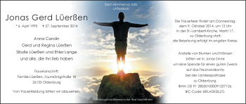 Traueranzeige von Jonas Gerd Lüerßen von Nordwest-Zeitung