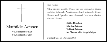 Traueranzeige von Mathilde Aeissen von Nordwest-Zeitung