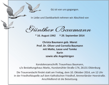 Traueranzeige von Günther Baumann von Nordwest-Zeitung