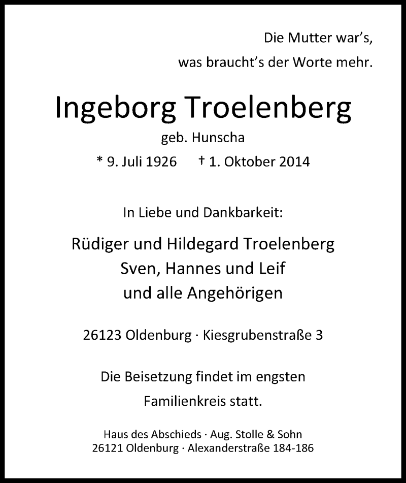  Traueranzeige für Ingeborg Troelenberg vom 04.10.2014 aus Nordwest-Zeitung