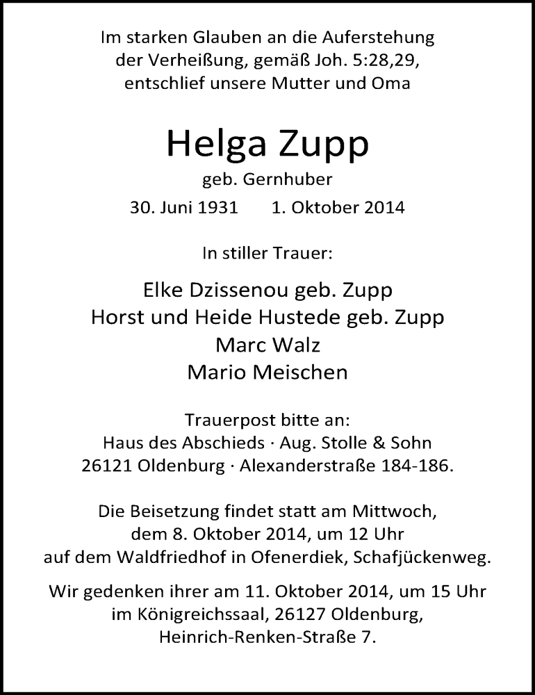  Traueranzeige für Helga Zupp vom 04.10.2014 aus Nordwest-Zeitung