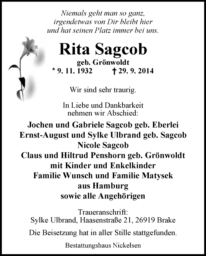  Traueranzeige für Rita Sagcob vom 04.10.2014 aus Nordwest-Zeitung