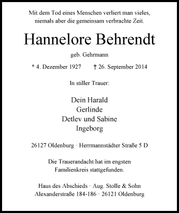 Traueranzeige von Hannelore Behrendt von Nordwest-Zeitung