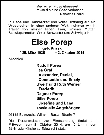 Traueranzeige von Else Porep von Nordwest-Zeitung