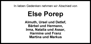 Traueranzeige von Else Porep von Nordwest-Zeitung