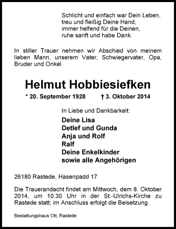 Traueranzeige von Helmut Hobbiesiefken von Nordwest-Zeitung