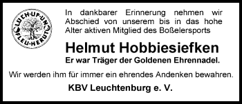 Traueranzeige von Helmut Hobbiesiefken von Nordwest-Zeitung