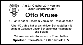 Traueranzeige von Otto Kruse von Nordwest-Zeitung
