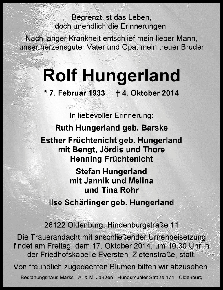  Traueranzeige für Rolf Hungerland vom 10.10.2014 aus Nordwest-Zeitung