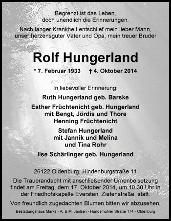 Traueranzeige von Rolf Hungerland von Nordwest-Zeitung
