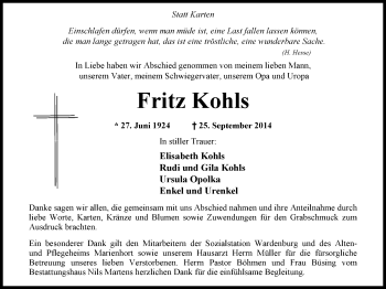Traueranzeige von Fritz Kohls von Nordwest-Zeitung
