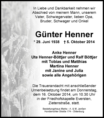 Traueranzeige von Günter Henner von Nordwest-Zeitung