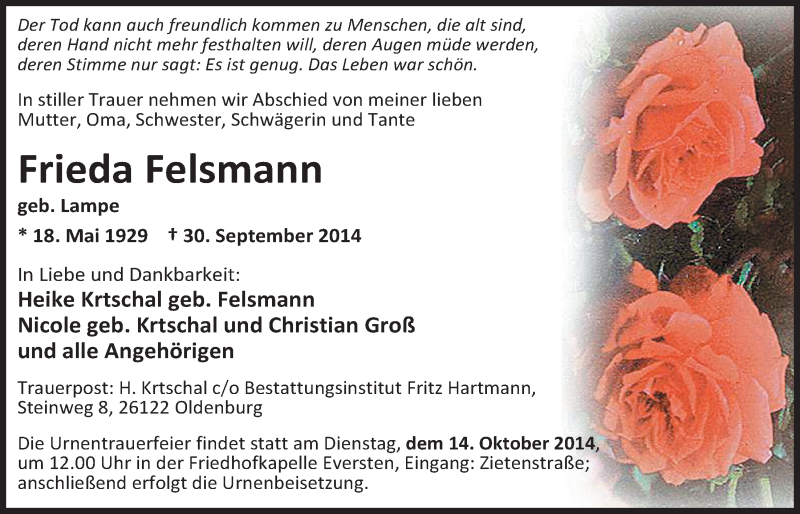  Traueranzeige für Frieda Felsmann vom 11.10.2014 aus Nordwest-Zeitung